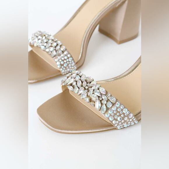 Badgley Mischka Crystal-Embellished Block Heel Sandals in Champaign - Picture 3 of 12